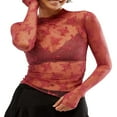 thumbnail image 1 of Women‘s Long Sleeve Lace Shirts with Mesh See-Through and Mock Neck, 1 of 9