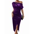 thumbnail image 2 of Women'S Off the Shoulder Asymmetrical Velvet Midi Dress Short Sleeve Ruched Elegant Party Dresses Purple XL, 2 of 8
