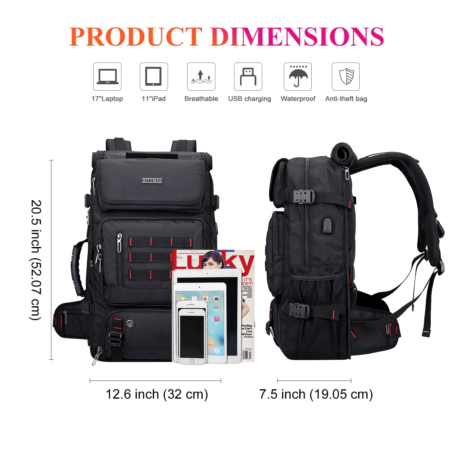 WITZMAN Carry on Travel Backpack for Men Airline Approved Convertible Nylon Duffle Backpack Luggage Bag(B682 Black)