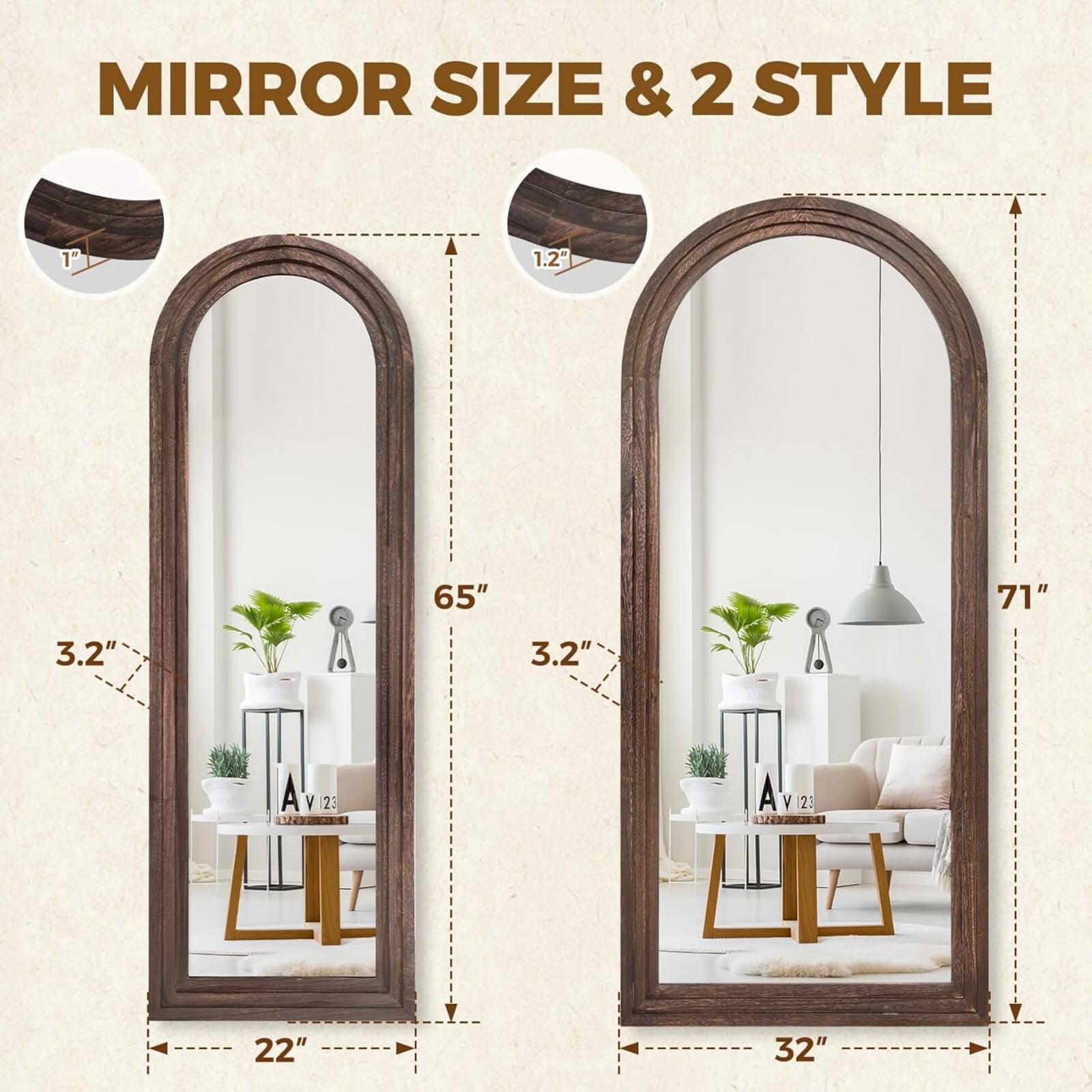 BEAUTYPEAK 71"x30"Wooden Arched Full Length Mirror with Stand,Walnut