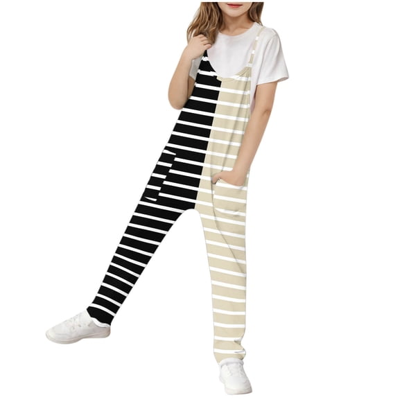 Odeerbi 5-14 Años Niñas Verano Mono Color Bloque Rayas Camisola Romper Primavera Casual Transpirable Cómodo Monos Correa Bib Pantalones Generales Traje de Juego