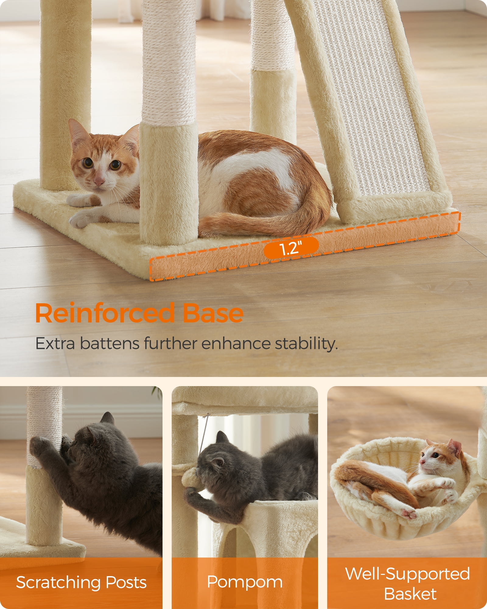 37.8 - Inch Multi - Level Small Cat Tree. Features widened perch for large cats & kittens. Beige color.