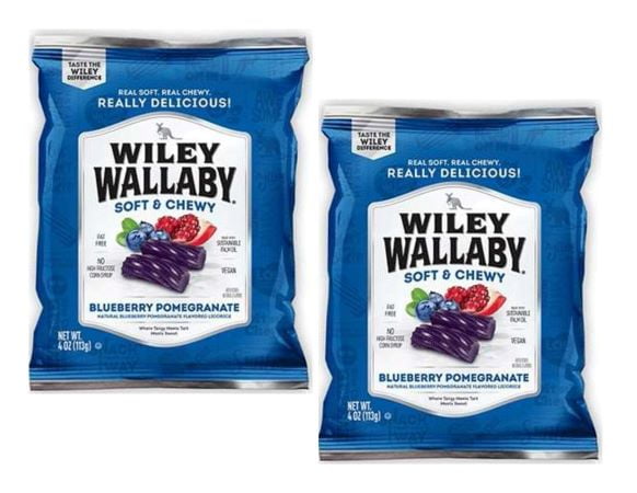CGT Wiley Wallaby Blueberry Pomegranate Licorice Twist Soft Chewy Fat Free No High Fructose Corn Syrup Vegan Summer Halloween Easter Snack Treat Party Favor Gift Box 4 oz. Bags (Pack of 2)