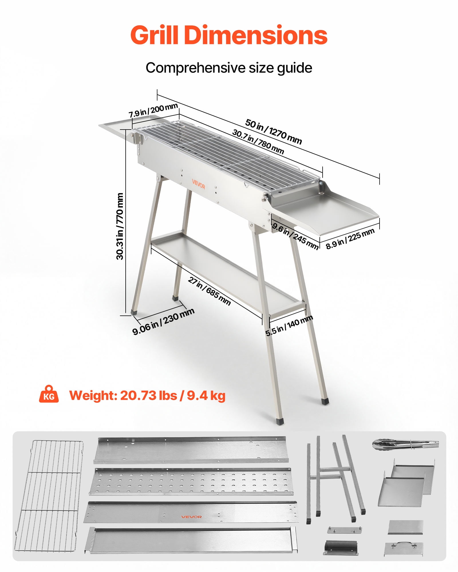 VEVOR Foldable Charcoal Grill, 250 sq.in. Portable Charcoal Barbecue Grill with Liftable Charcoal Tray & Side Tables, Brushed Stainless Steel BBQ Cooking Grills for Outdoor Camping Backyard Parties