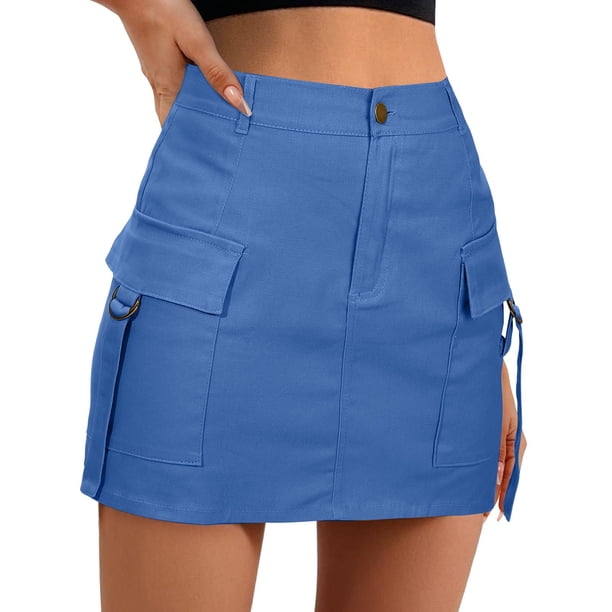 Gibobby faldas de lentejuelas para mujer Falda cargo de cintura Minifalda cargo con botones y bolsillo para mujer Falda acampanada(Azul, L)