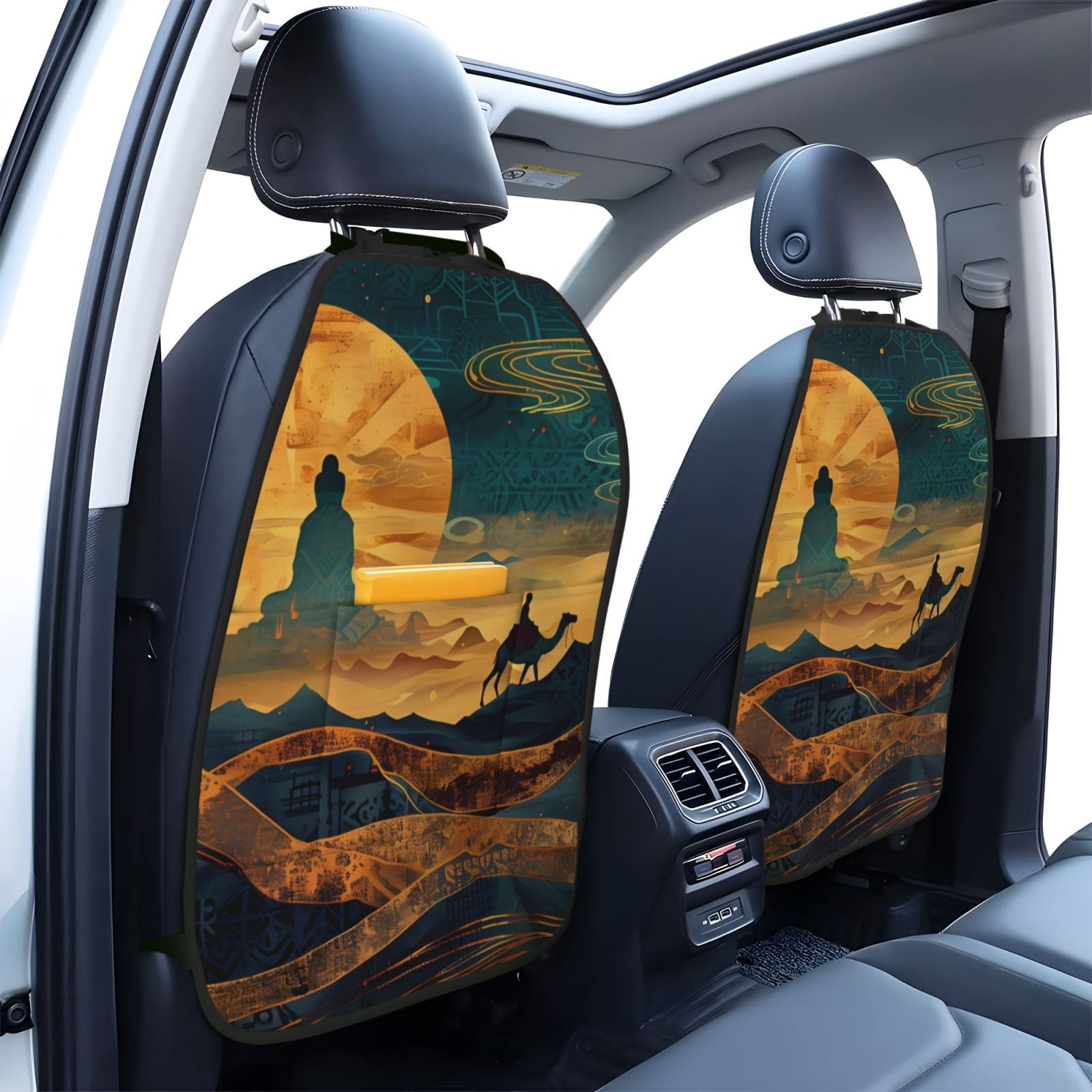 Xecao Sunset Desert Journey Pattern Car Seat Back Protector 2 Pack Large Capacity Pocket, Kick Mats Back Seat Protector