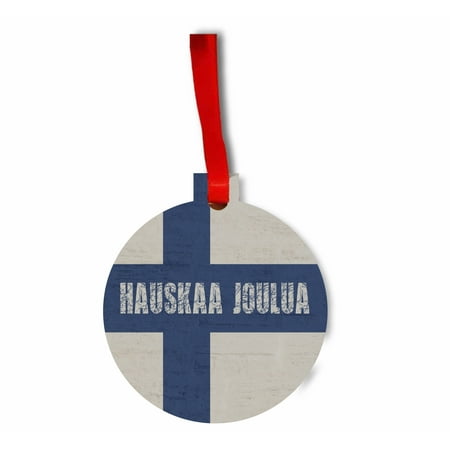 Finland Ribbons - Finland Flag - Hauskaa Joulua Hanging Hardboard Round Shaped Tree Ornament - (Flat) - Holiday - Christmas - Tm - Made in the USA