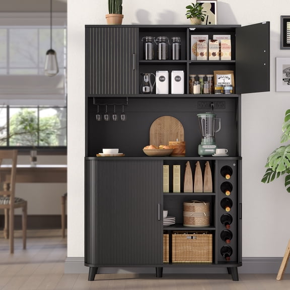Aufeile 71" Tall Pantry Storage Cabinet with Sliding Tambour Doors, Charging Station and Adjustable Shelves for Dining Room, Living Room, Black