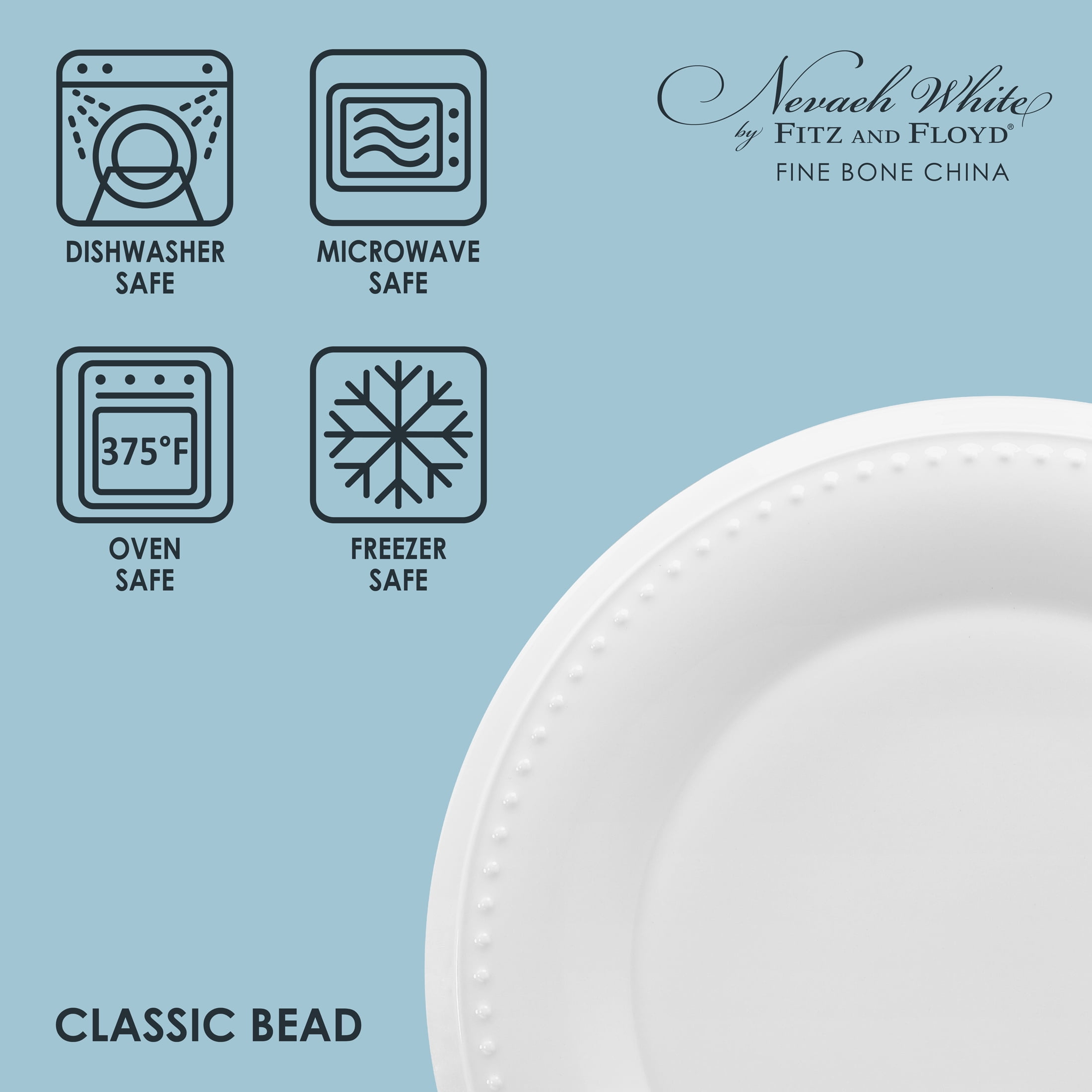 Fitz and Floyd Nevaeh White Classic Bead 11" Round Bone China Dinner Plates (4 Count)