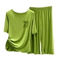 thumbnail image 1 of KIHOUT Conjunto de pijama de dos piezas de verano para mujer, liso, de talla grande, con cuello redondo, manga corta y pantalones capri con cintura elástica, holgado y cómodo, conjunto de pijama, 1 of 3