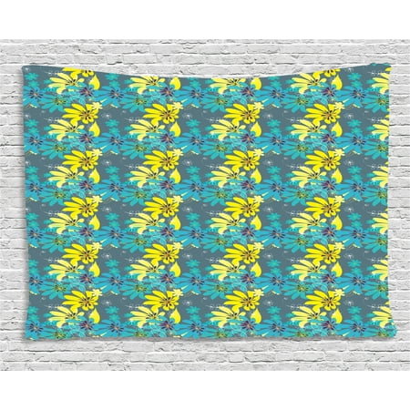 Yellow And Blue Tapestry Abstract Flowers With Hand Drawn Daisies Yellow And Blue Tapestry Abstract Flowers With Hand Drawn Daisies Leaves Exotic Bedding Plants