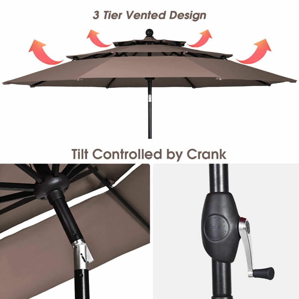 Aimee Lii 10ft 3 Tier Patio Umbrella Aluminum Sunshade Shelter Double Vented without Base, Sunbrella Patio Umbrellas, Tan Aimee Lii 10ft 3 Tier Patio Umbrella Aluminum Sunshade Shelter Double Vented without Base, Sunbrella Patio Umbrellas, Tan