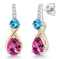 Gem Stone King 925 Sterling Silver and 10K Yellow Gold Pear Shape Pure Pink Mystic Topaz Swiss Blue Topaz and White Lab Grown Diamond Dangle Earrings for Women (3.52 Cttw, Pear Shape 8X6MM)
