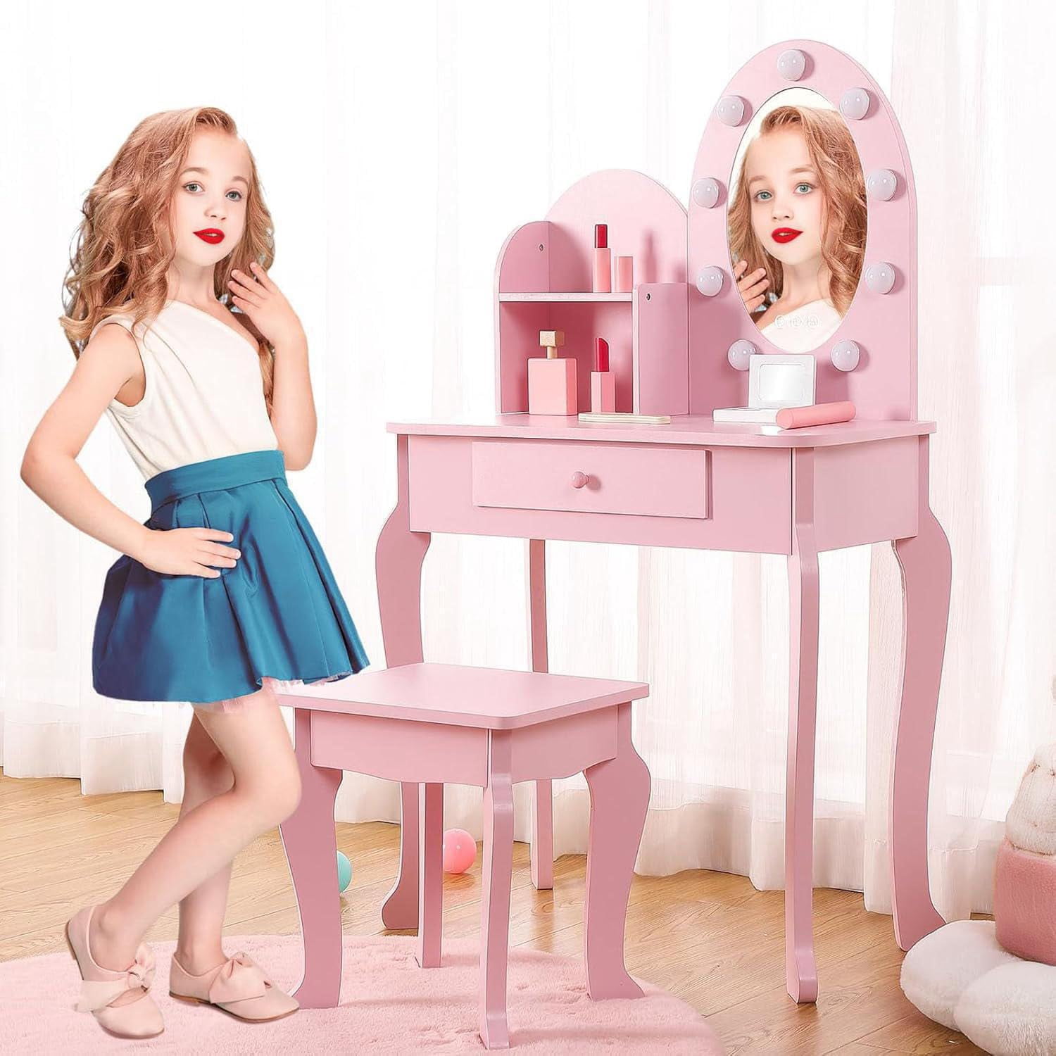 Kids Vanity Desk with Mirror Lights – Princess Makeup Dressing Table for Girls with Storage & Stool