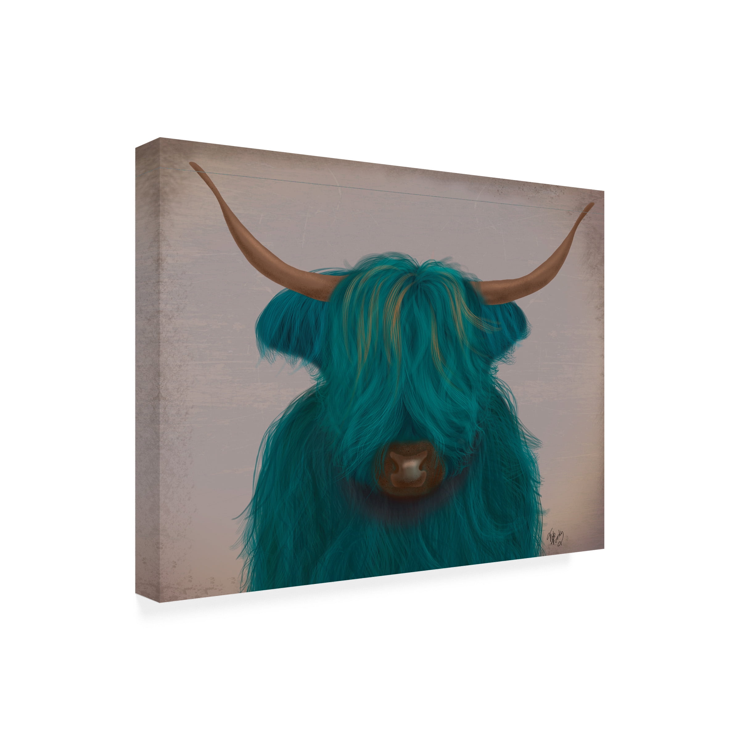 Fab Funky 'Highland Cow 3 Turquoise Portrait' Canvas Art