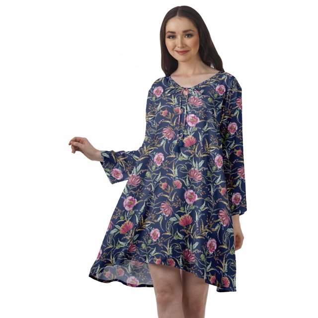 Moomaya Robe Évasée en Rayonne pour Femmes Manches Longues Imprimée Col en V Décontractée Robe de Plage pour Filles