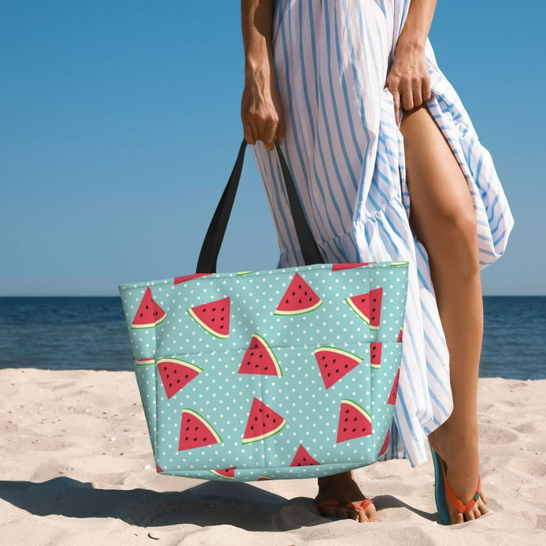 Wukai Watermelon Print Zipper Bag large Beach Tote Bag Waterproof Sandproof Bag Grocery and Picnic Tote Travel Bag Walmart