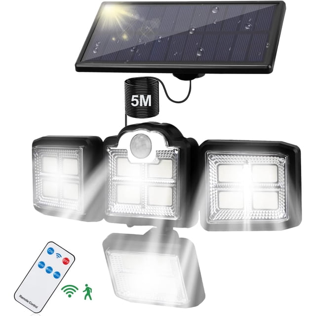 Nasjac Lámpara Solar Exterior con Sensor de Movimiento, 400W 2800LM 198COB Luces Solares Jardin Exterior, LED Lampara Solar de 4 Cabezales con Mando, 3 Modos IP65 Impermeable Iluminaci&