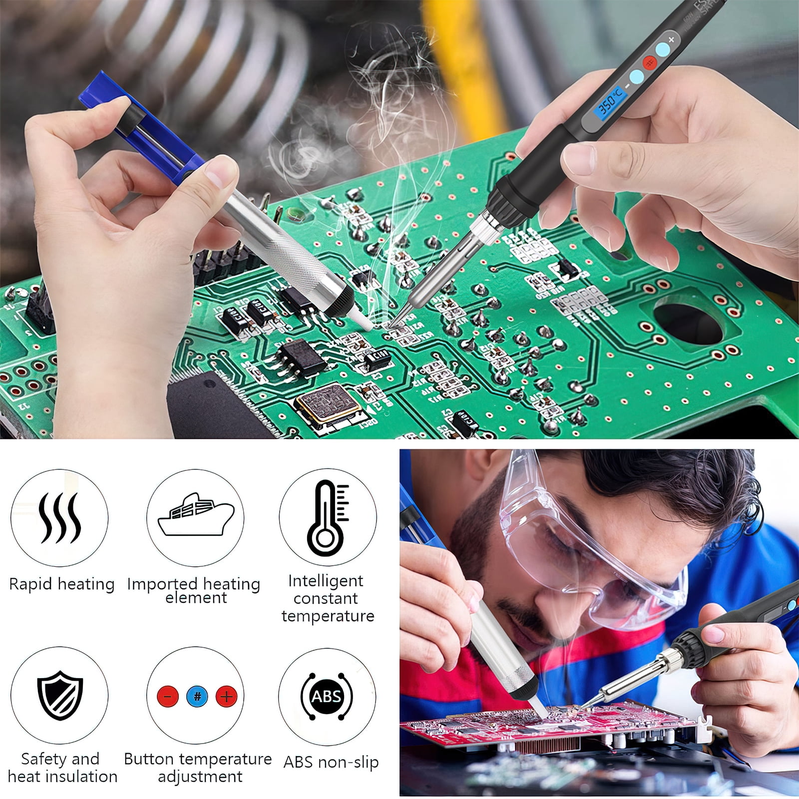 Kingsdun Soldering Iron Kit, 60W LCD Digital Soldering Gun with Adjustable Temperature Controlled and Fast Heating Ceramic Thermostatic Design ON-Off Switch 15pcs Welding Tool