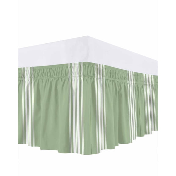 Sage Green Bed Skirt Queen Size 18" Drop White Striped Ruffled Wrap Around Bed Skirts Adjustable Elastic Bedskirt Dust Ruffle for Queen Size Bed