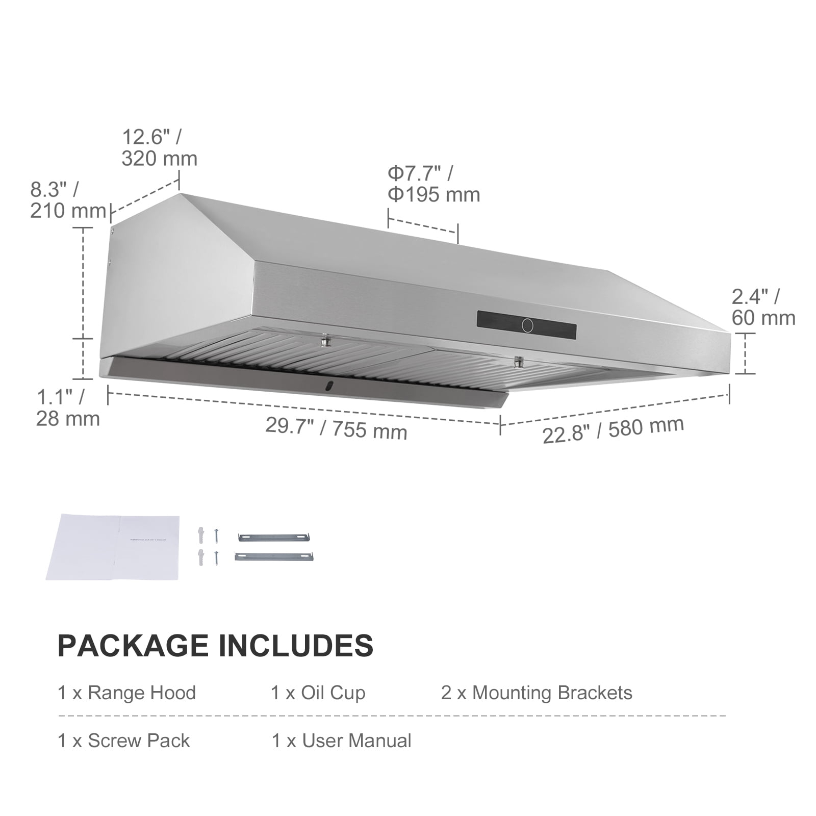 KFFKFF 30" Under Cabinet Range Hood Ductless Kitchen Vent Stainless Steel LED