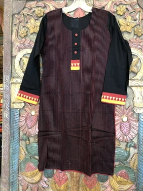 Mogul Women Bohemian Tunic Dress Black Peach Cotton Long Sleeves Ethnic Style Summer Fashion Long Indian Kurtis S
