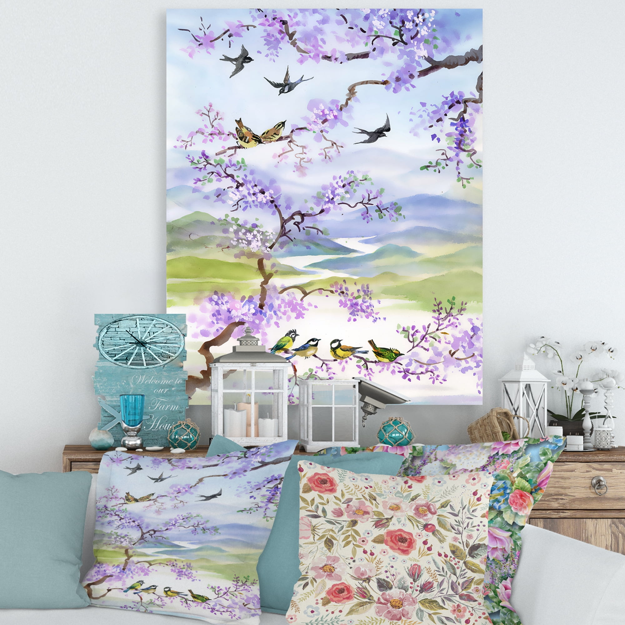 Designart ' Birds Sitting On Cherry Branch ' Traditional Canvas Wall Art Print
