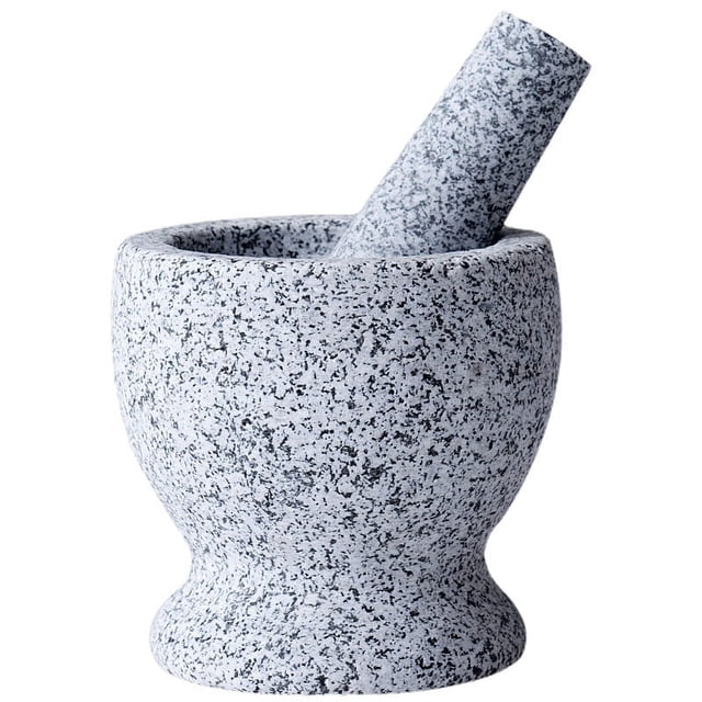 Mortero y mortero de granito - mortero de piedra natural resistente y duradero - con cubierta de bambú+fondo de vidrio de corcho - para moler especias, hierbas, ajo - 14 cm de diámetro