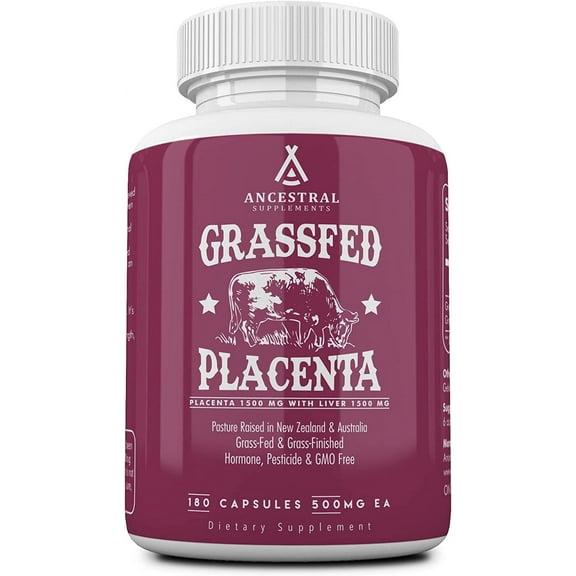 Ancestral Supplements Grass Fed Placenta Supplement with Liver, Contains Postpartum Vitamins for Women Breastfeeding, Promotes Menopause Relief, Stem Cells Support Skin Elasticity, 180 Capsules