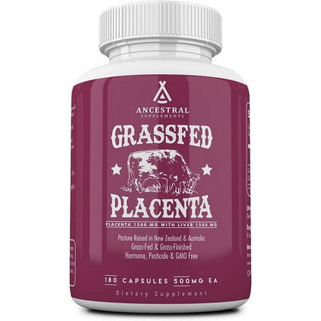 Ancestral Supplements Grass Fed Placenta Supplement with Liver, Contains Postpartum Vitamins for Women Breastfeeding, Promotes Menopause Relief, Stem Cells Support Skin Elasticity, 180 Capsules