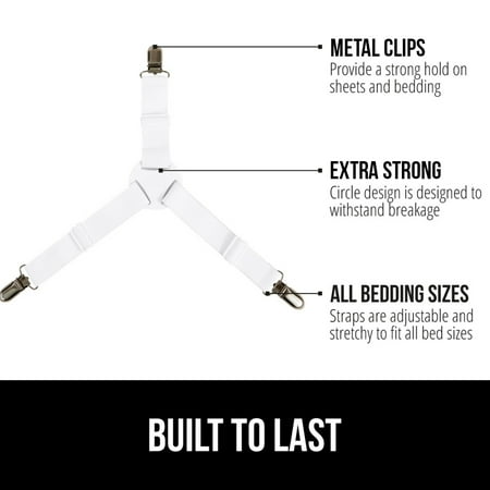 Gorilla Grip Bed Sheet Straps, Adjustable Elastic Fasteners with Metal Clips, Keep in Place Fitted Bedding Holder, 4 Pack White