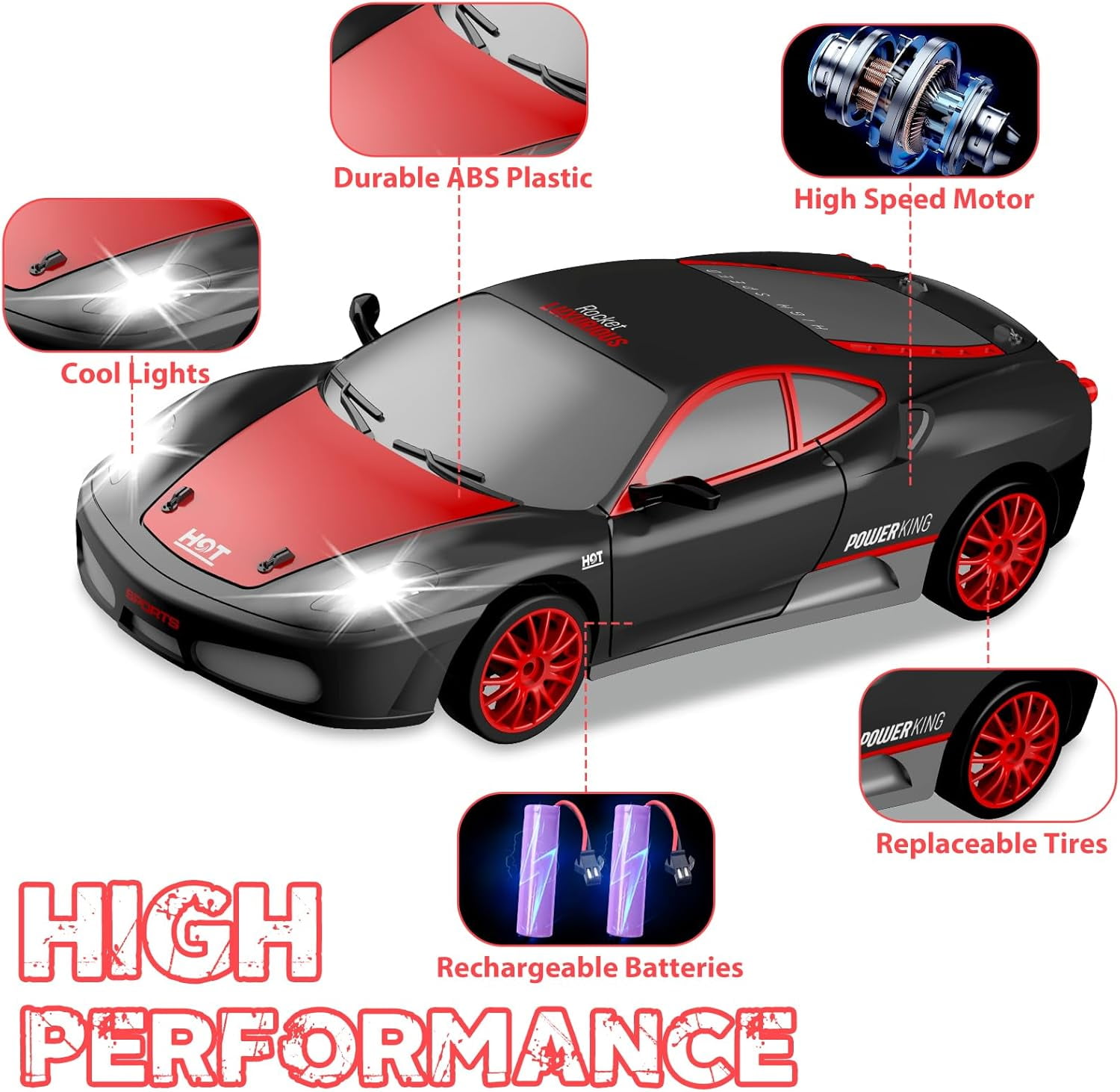 AIGIA 1:24 Scale Remote Control Car RC Drift Car 2.4GHz 4WD 15KM/H High Speed Two Batteries and Extra Tires Toys