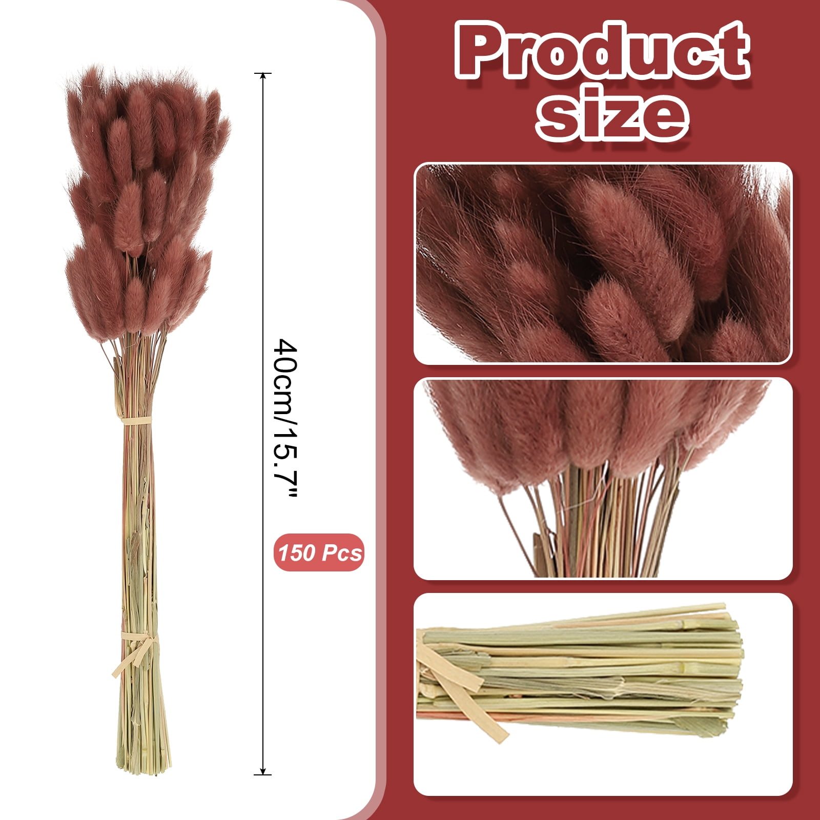 Uxcell 15.7in Bunny Tails Dried Flowers, 150pcs Pampas Grass Decor Rabbit Tail Natural Pampas Grass Bulk Fluffy Faux Pampas Grass Small Dried, Brown Red