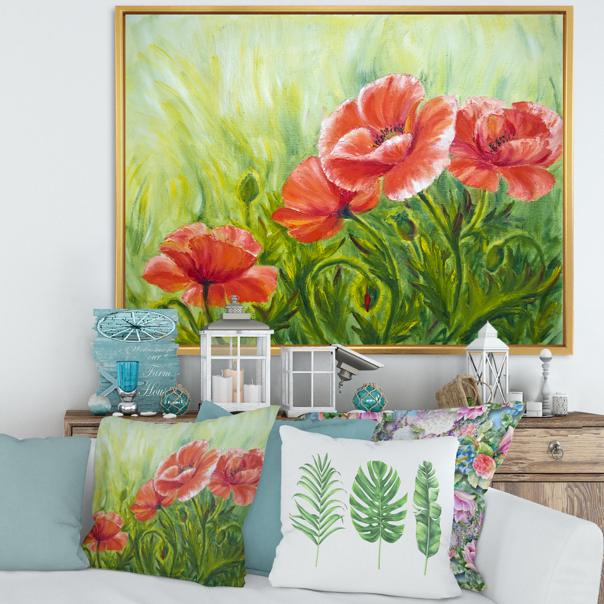 Designart 'Red Blossoming Poppies Over Wild Green III' Traditional Framed Canvas Wall Art Print