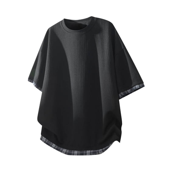 Dagegui Men's Short Sleeve Drop Shoulder T Shirt Black Casual Loose Fit Tee Tops Plaid Patchwork Crewneck Pullover Shirts M