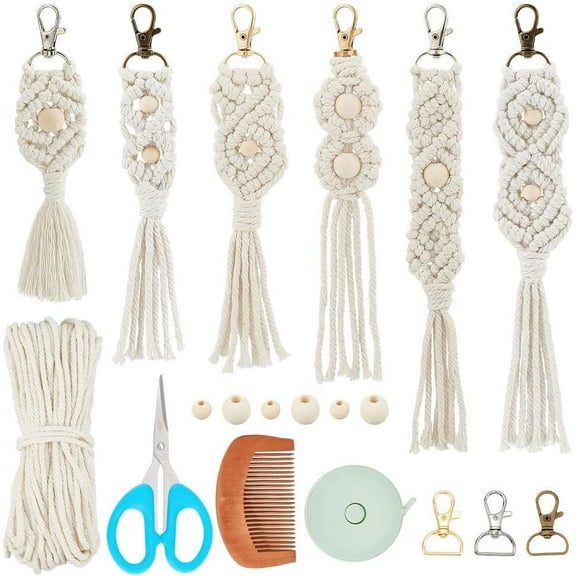 6PCS Boho White Macrame Keychain Kit - Adult DIY Craft Making Kit With Wood Beaded Tassels and Key Rings for Women - Charms for Handbags and Backpacks - Instructions Included