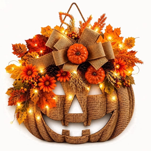 2D Lighted Burlap Fall Pumpkin Wreaths for Front Door,Farmhouse Fall Outdoor Decor, Halloween Autumn for Porch Home Decor.