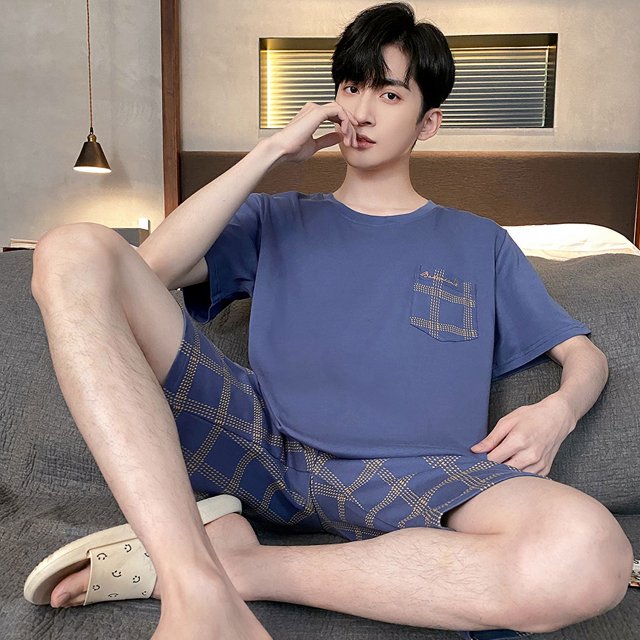 Ropa de salón de talla grande para hombre, pijamas de algodón a la moda, conjunto Pj de manga corta, ropa de casa estampada a cuadros con estilo, ropa de dormir 3xl 4xl de verano