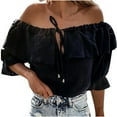thumbnail image 3 of iHengLiXing Boat Neck Off Shoulder Tops for Women Women Fashion Ruffled Loose Color Short Sleeved Off Shoulder Casual Tops Black M, 3 of 7