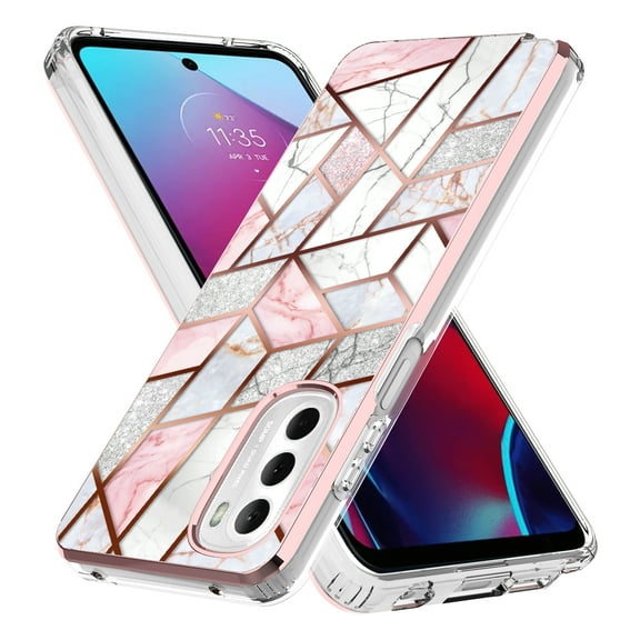 Moto G Stylus 2022 Case, Rosebono Hybrid Bling Glitter Sparkle Laser Pink Polygon Geometric Marble Graphic Cover Case for Motorola G Stylus 2022
