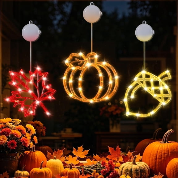 Lewondr Fall Window Decoration Lights, 3 Pcs Thanksgiving Hanging Decor LED Lights with Suction Cup & Timer for Home, Wall, Bedroom, Porch, Autumn Hanging Light Decorations