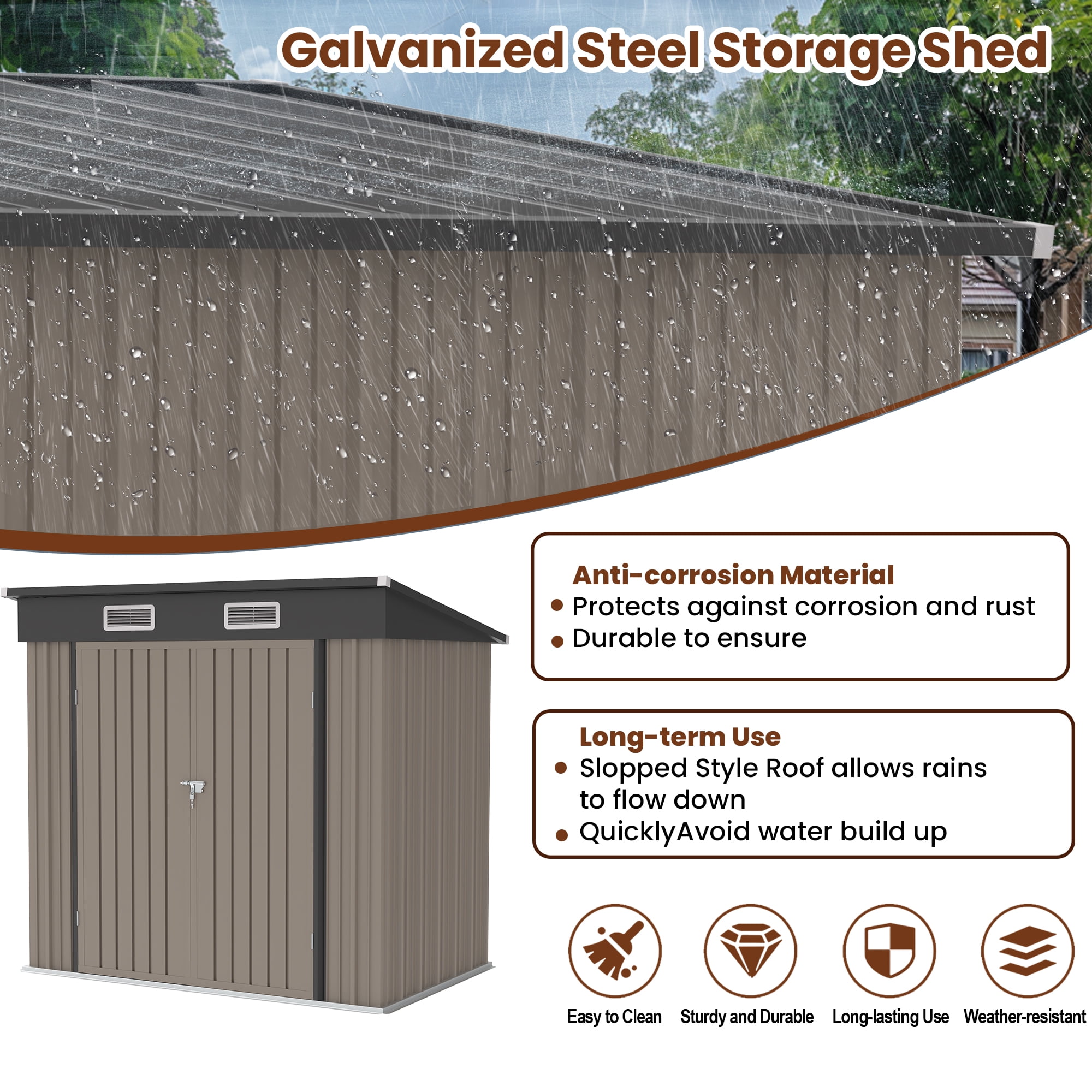 Sesslife 6' x 4' Outdoor Storage Shed, Patio Galvanized Steel Metal Shed with Sliding Doors, Garden Shed with Vents for Tools, Lawn Mover, Bike, Brown
