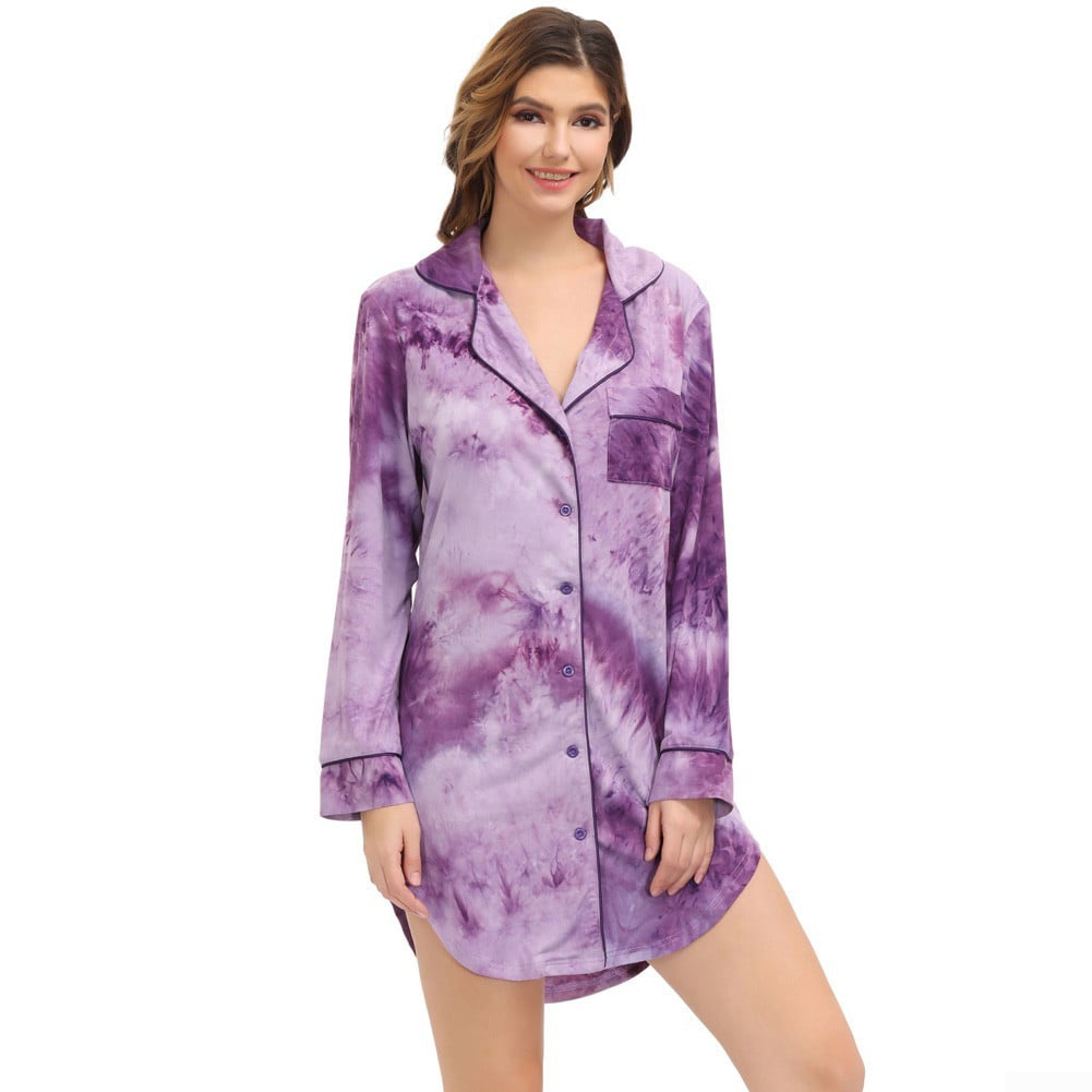 Zexxxy Womens Nightgown Long Sleeve Button Down Pajama Top Soft Sleepwear Nightshirt Lapel Nightdress