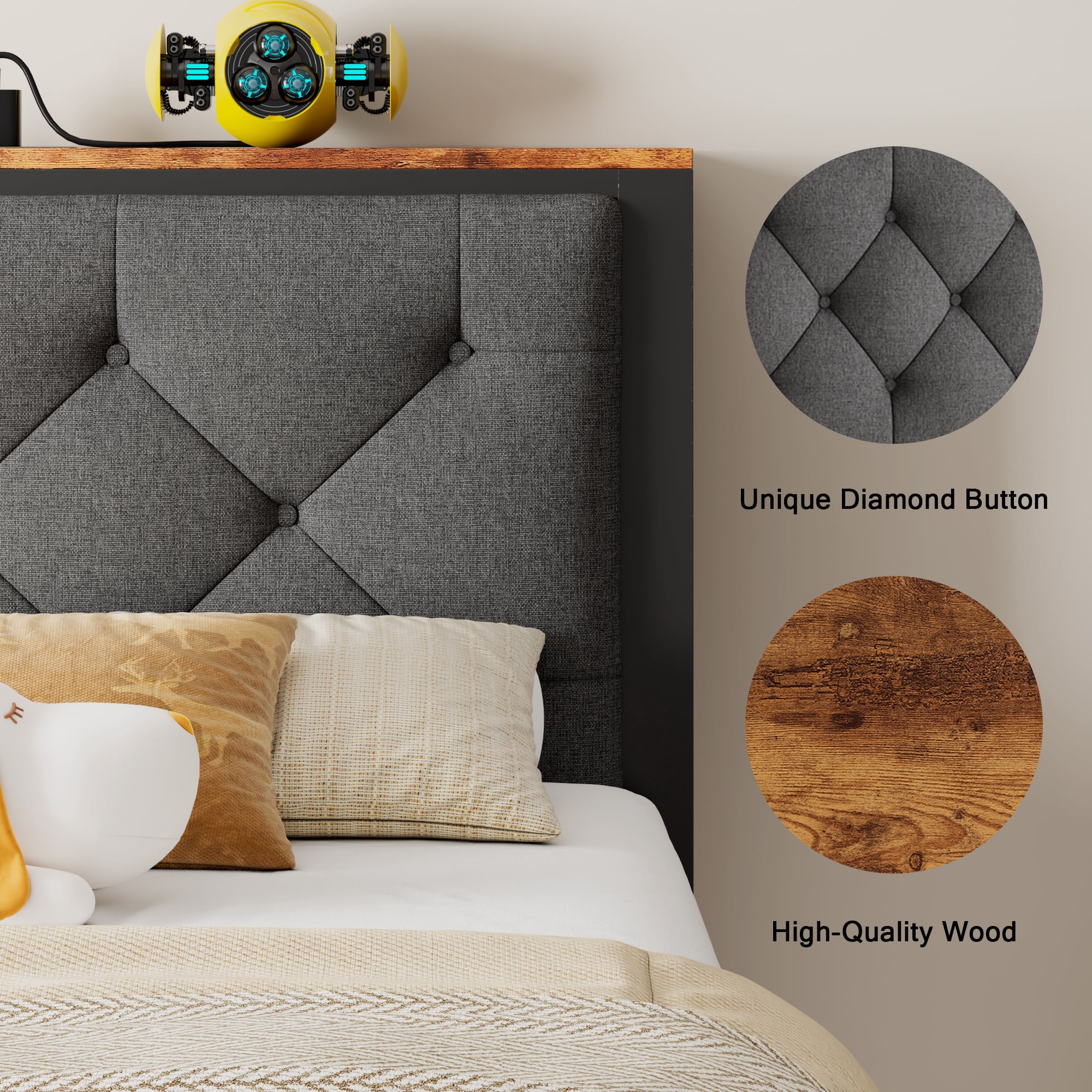 Virans Twin Size Bed Frame with Storage Drawers, Linen Upholstered Platform Bed with Charging & Storage Headboard, Metal Slat Support, No Box Spring Required, Noise Free, Easy Assembly,Gray