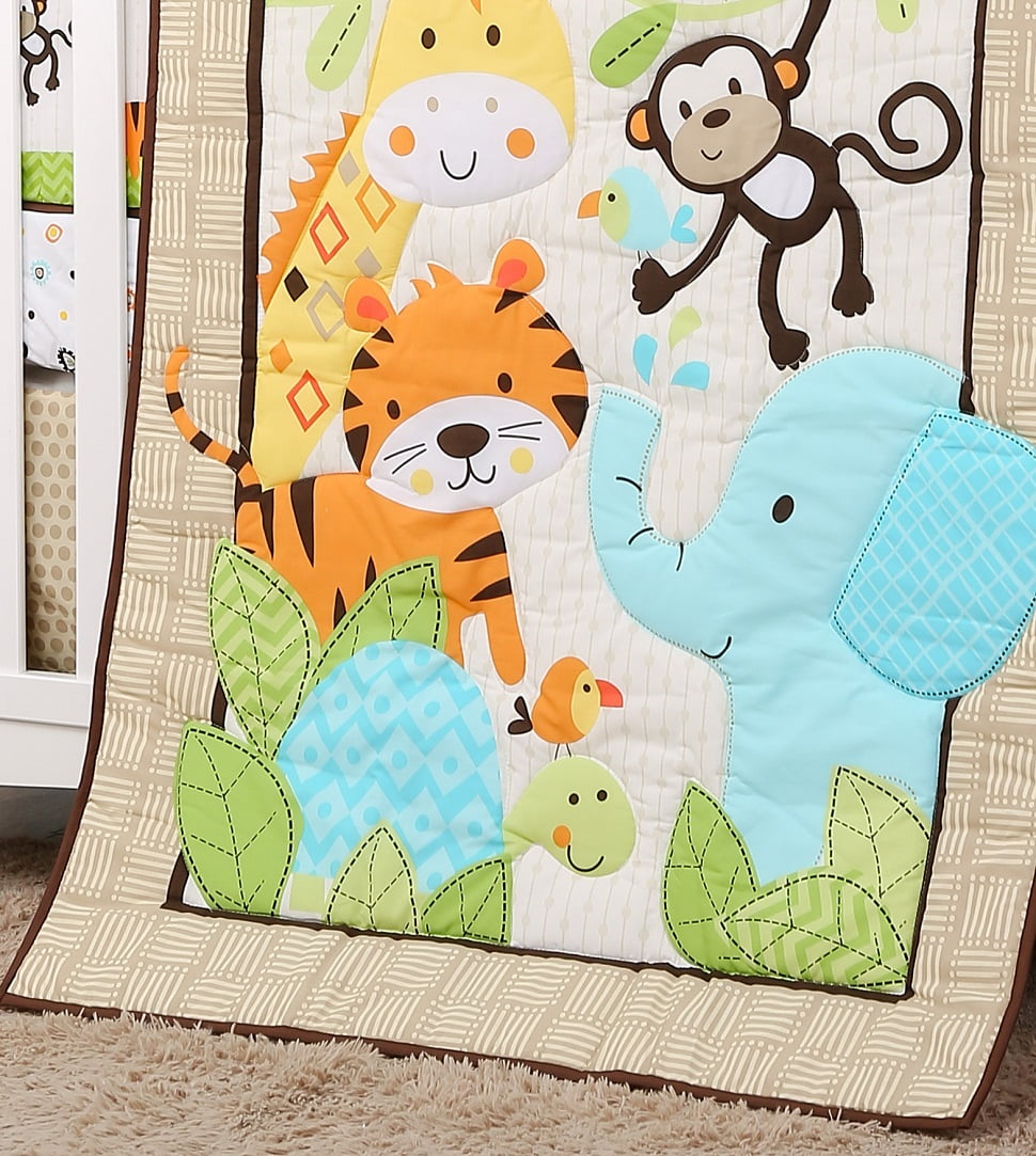 Green and Brown Safari Adventures 2-Piece Crib Bedding Set (Quilt and Crib Sheet, come with a dust ruffle as gift)