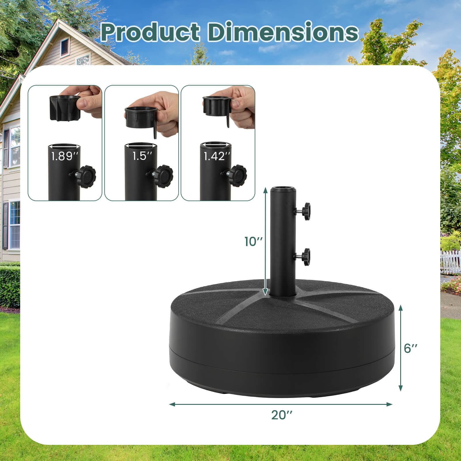Costway Patio Round Umbrella Base with 2 Adjustable Knobs & 3 Adapters Outdoor for Poolside