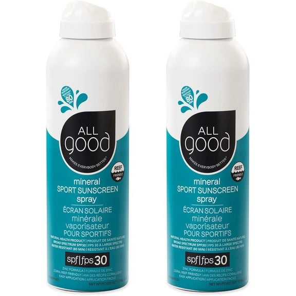 All Good Sport Sunscreen Spray - UVA/UVB Broad Spectrum SPF 30 - Water Resistant, Coral Reef Friendly - Zinc, Calendula, Aloe (6 oz)(2-Pack)