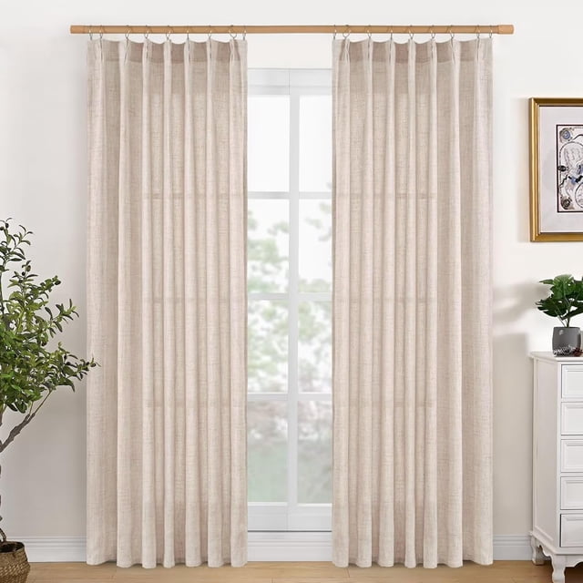 Pinch Pleated Curtains 84 Inch Long, Linen Living Room Curtains Back Tab Light Filtering Privacy Window Drapes for Farmhouse, Natural, 40W X 80L, 2 Panels