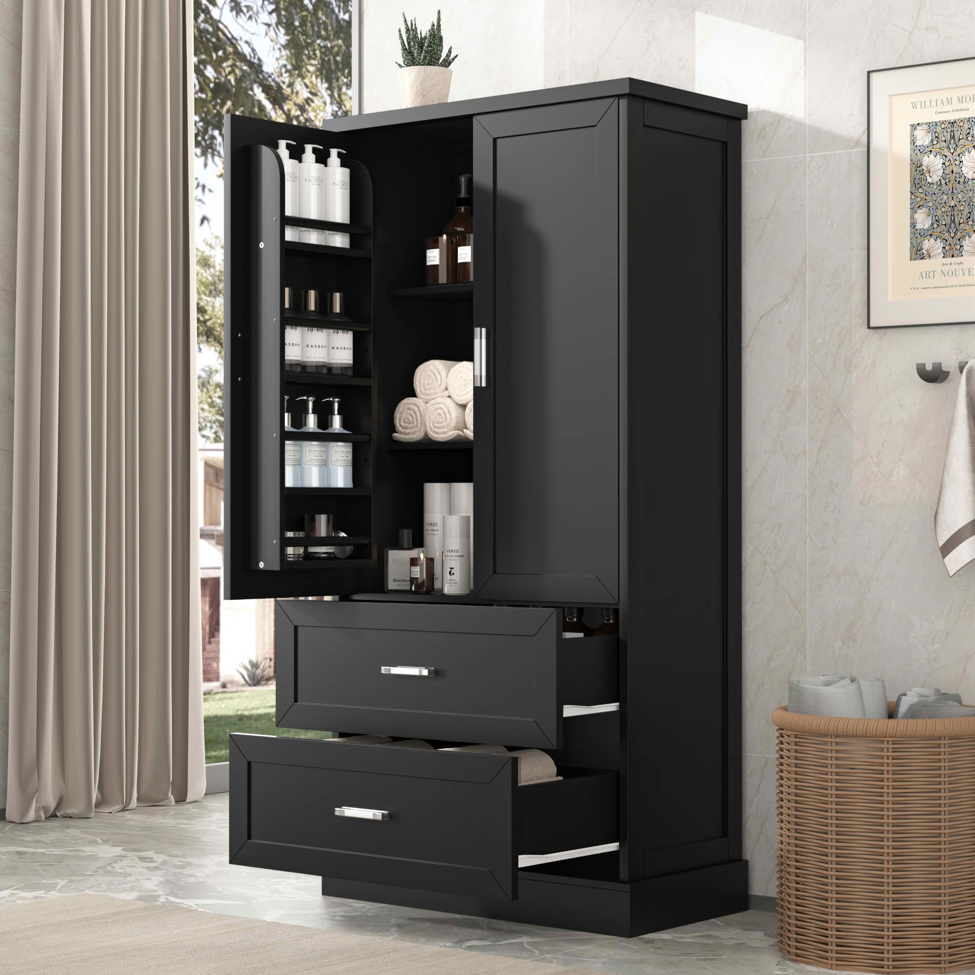 MAYEERTY Tall Bathroom Cabinet 2 Doors Drawers Adjustable Shelf MDF Black