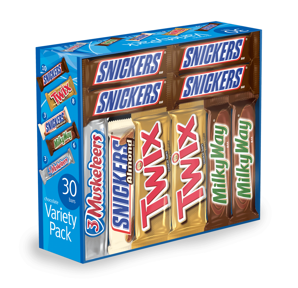 MARS Chocolate Full Size Candy Bars Assorted Variety Box (TWIX, MILKY WAY,  SNICKERS, SNICKERS Almond, & 3 MUSKETEERS Brands), 55 oz 30 Pieces -  